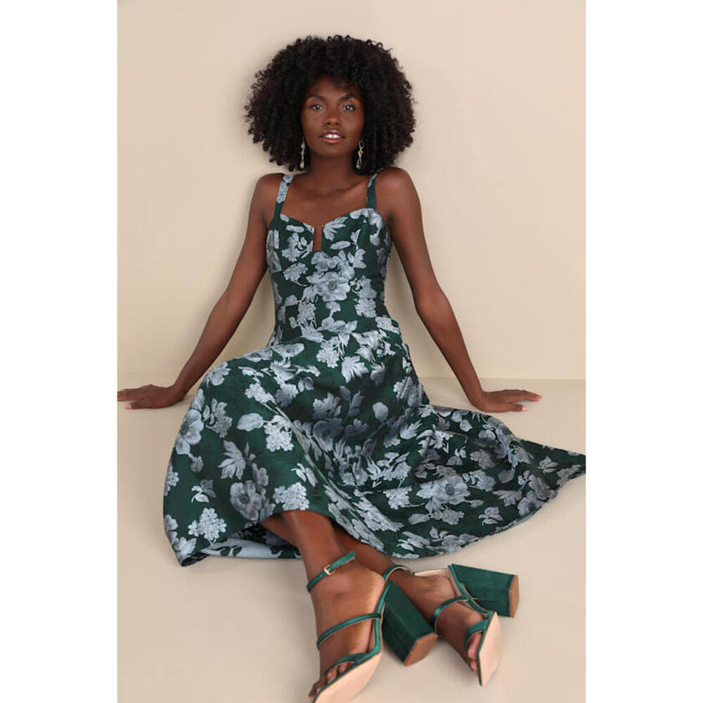 Lulus Major Flirtation Emerald Floral Jacquard Drop Waist Midi Dress Green